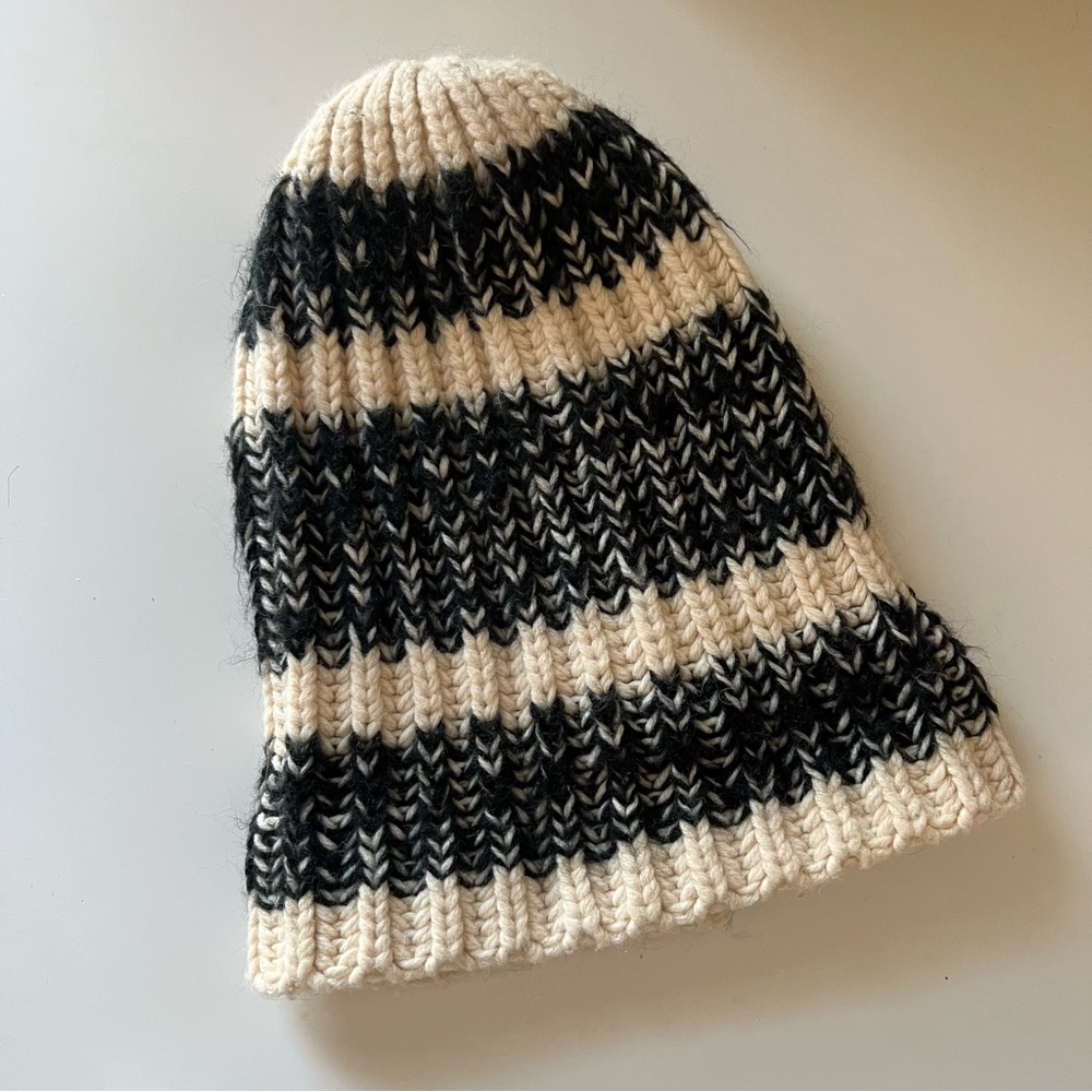 Thick Knitted Black And White Cream Striped Hat